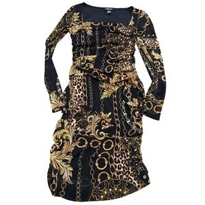 Womens Baroque Leopard Print Ruched Mesh Bodycon Dress Black Gold Size Large